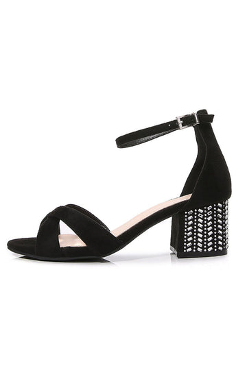 Svart Kors Ankel Strappy Chunky Heel Sandal